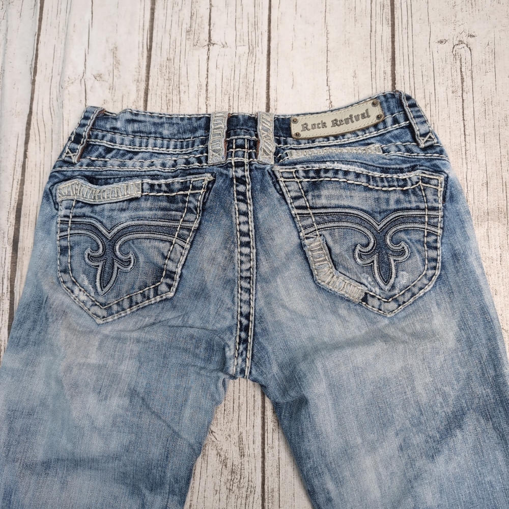 Rock Revival Ultra Low Rise Y2K Stone Wash Thick Stitching Amy Flare Women Size